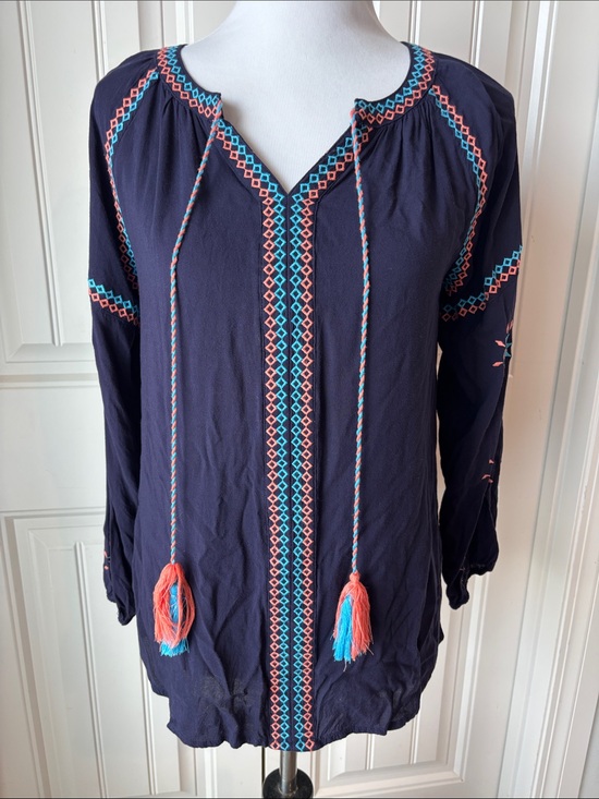 Umgee Tops - Umgee Navy Boho Embroidered Tassel Peasant Top - Coral & Turquoise Accents